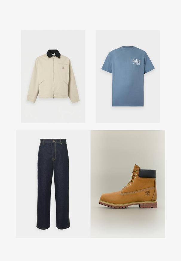 Beige Carhartt-jas met zwarte kraag, volledige ritssluiting aan de voorkant, twee zijzakken en een klein borstzakje met rits en logopatch.; Blauw T-shirt met korte mouwen en ronde hals met wit gestileerd "Carhartt WIP" tekstlogo op de linkerborst.; Wijde donkerblauwe spijkerbroek met gele stiksels, voorzien van een knoopsluiting aan de voorkant en zijzakken. Glad van textuur en met een traditioneel ontwerp.; Bruine leren enkellaars met zwarte kraag, gele veters en een zandkleurige zool. Voorzien van een logo en witte stikseldetails. Robuuste loopzool met grip.