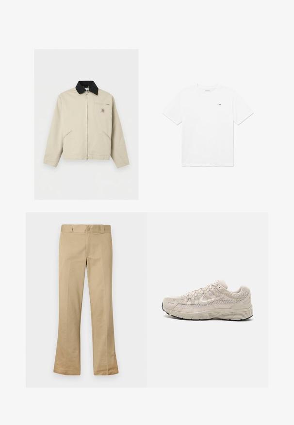 Beige Carhartt-takki mustalla kauluksella, täysi vetoketju edessä, kaksi sivutaskua ja pieni vetoketjullinen rintatasku, jossa on logopatch.; Valkoinen puuvillainen T-paita, jossa pyöreä pääntie ja lyhyet hihat. Rintakehässä pieni musta logo. Siisti ja minimalistinen muotoilu.; Valkoiset leveälahkeiset housut, jotka on valmistettu puuvillasekoitekankaasta. Niissä on nappikiinnitys, vyölenkit ja sileä etuosa.; Beige urheilusandaali, jossa on verkkokankainen yläosa, pehmustettu kaulus ja kumipohja. Ominaisuuksiin kuuluvat virtaviivainen muotoilu ja nauhakiinnitys, joissa on hienovarainen brändäys.