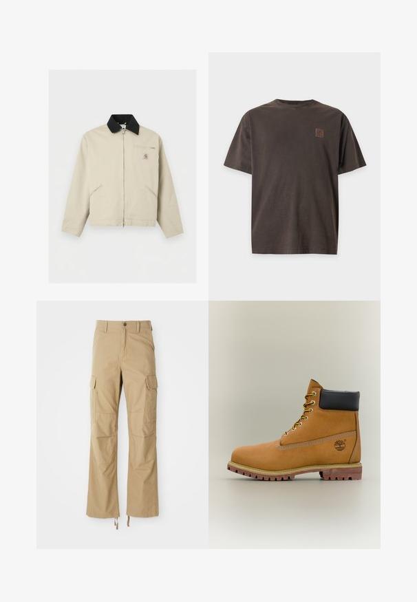 Veste Carhartt beige avec col noir, fermeture éclair frontale complète, deux poches latérales et une petite poche poitrine zippée avec écusson logo.; T-shirt uni marron foncé à manches courtes col rond avec un petit patch logo carré sur la poitrine gauche sur fond blanc.; Pantalons cargo kaki en tissu durable, dotés de plusieurs poches latérales, d'une coupe droite et de cordons de serrage réglables à l'ourlet.; Bottine en cuir marron avec col noir, lacets jaunes et semelle beige. Présente un logo et des détails de couture blanche. Semelle extérieure à traction robuste.