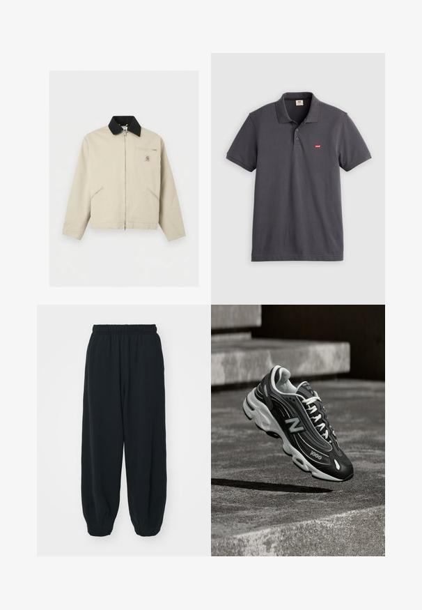 Beige Carhartt-jas met zwarte kraag, volledige ritssluiting aan de voorkant, twee zijzakken en een klein borstzakje met rits en logopatch.; Donkergrijs poloshirt met korte mouwen, een kraag, een knoopsluiting met twee knopen en een klein rood Levi’s-logo op de linkerborst.; Zwarte, elastiche sweatpants met een losse pasvorm, manchetten aan de enkels, een zachte textuur en zonder zichtbare patronen of hardwareaccenten.; Zwart-witte New Balance 1000 sneaker met witte veters, zwevend boven een ruwe betonnen ondergrond met stenen treden op de achtergrond.