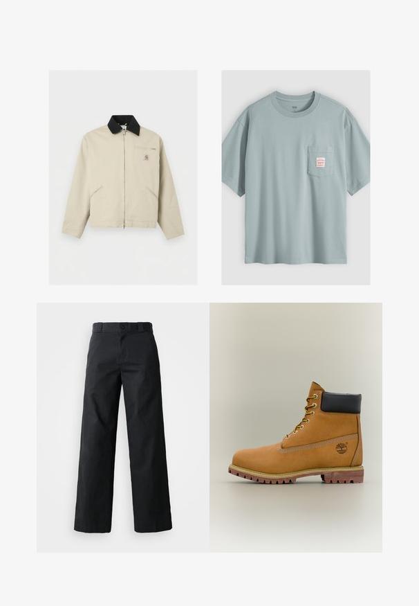 Μπεζ μπουφάν Carhartt με μαύρο γιακά, πλήρες φερμουάρ μπροστά, δύο πλαϊνές τσέπες και μια μικρή τσέπη στο στήθος με φερμουάρ και λογότυπο.; Ανοιχτό μπλε βαμβακερό κοντομάνικο μπλουζάκι με τσεπάκι στο στήθος που φέρει μία μικρή λευκή ετικέτα με κόκκινο κείμενο.; Μαύροι παντελόνια με φαρδιά πόδια από βαμβάκι. Διαθέτουν κλείσιμο με κουμπί, βρόχους για ζώνη και πλαϊνές τσέπες. Λείος υφασμάτινος με κομψή κοπή.; Καφέ δερμάτινο μποτάκι αστραγάλου με μαύρο γιακά, κίτρινα κορδόνια και ταμπά σόλα. Διαθέτει λογότυπο και λευκή ραφή για λεπτομέρεια. Ανθεκτική εξωτερική σόλα με τραχύ πέλμα.