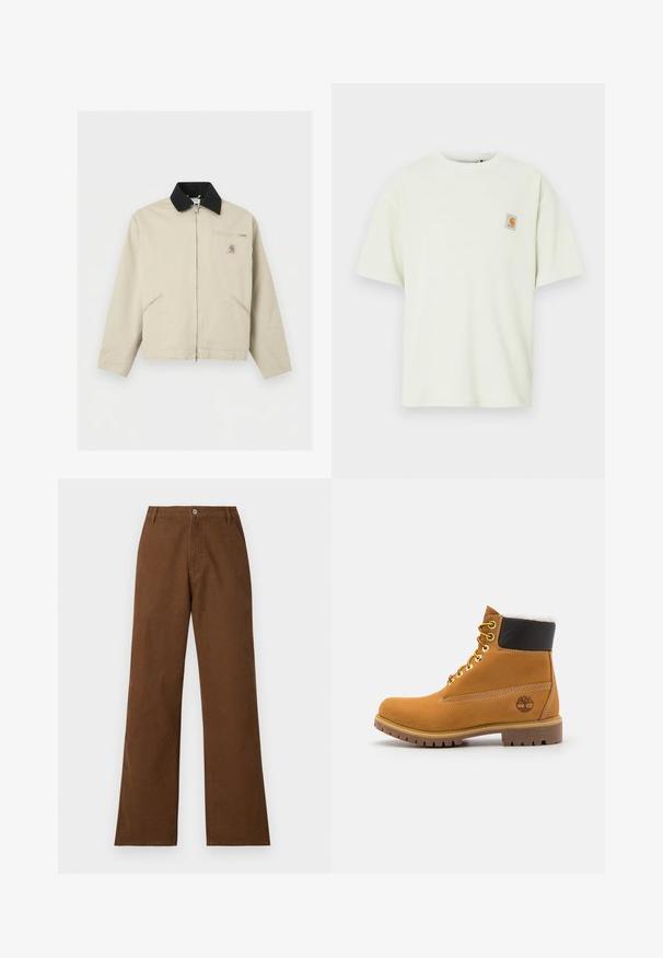 Beige Carhartt-jakke med sort krave, fuld lynlås foran, to sidelommer og en lille lynlåslomme på brystet med logo-patch.; Lysegrøn kortærmet t-shirt i tekstureret stof med afslappet pasform, med et lille firkantet logo på brystet.; Brune bomuldsbukser med lige ben, knaplukning og to forlommer. Glat tekstur uden synlige mønstre eller udsmykninger.; Brune læder ankelstøvle med metaløjer, hvid pelsforing, sort polstret krave, robust sål og præget logo på siden.