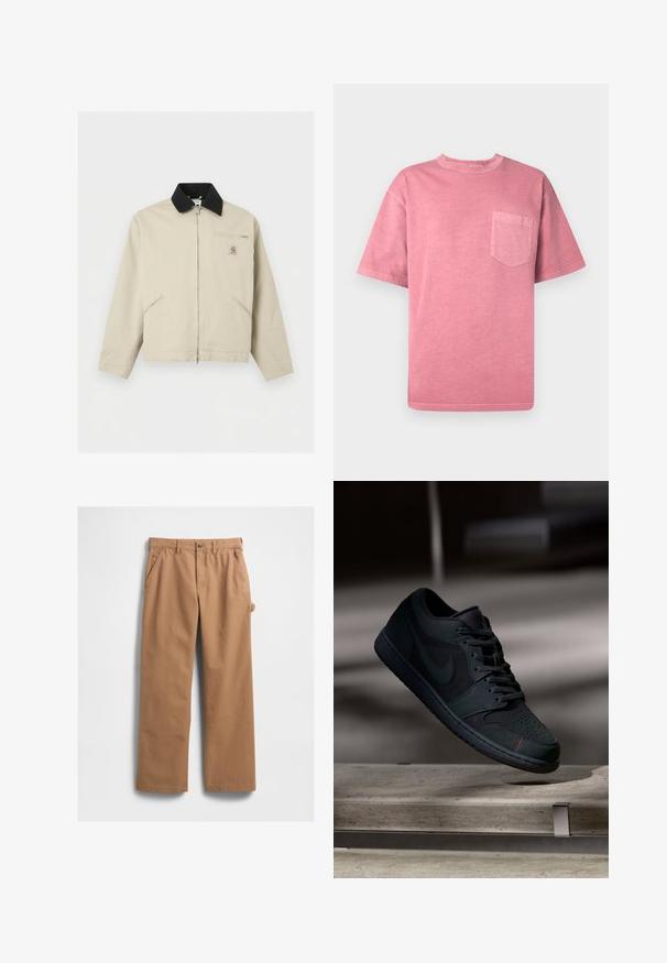 Μπεζ μπουφάν Carhartt με μαύρο γιακά, πλήρες φερμουάρ μπροστά, δύο πλαϊνές τσέπες και μια μικρή τσέπη στο στήθος με φερμουάρ και λογότυπο.; Ροζ βαμβακερό μπλουζάκι με κοντά μανίκια, στρογγυλή λαιμόκοψη και τσέπη στο αριστερό στήθος. Διαθέτει ξεθωριασμένη υφή και σχεδιασμό με χαλαρή εφαρμογή.; Παντελόνι από βαμβάκι σε χρώμα καμηλό με ίσια γραμμή, διαθέτει πλαϊνές τσέπες και πλαϊνή τσέπη εργαλείων. Η υφή του υφάσματος είναι λεία και ανθεκτική.; Μαύρα αθλητικά παπούτσια Nike με άνω μέρος από λείο δέρμα και σουέτ, σκούρες κορδόνες, τρυπητό μπροστινό μέρος και λεπτομέρεια με κόκκινη ραφή. Σχεδίαση επίπεδης σόλας.