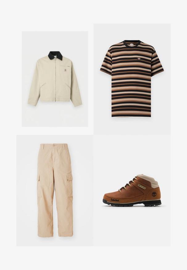 Μπεζ μπουφάν Carhartt με μαύρο γιακά, πλήρες φερμουάρ μπροστά, δύο πλαϊνές τσέπες και μια μικρή τσέπη στο στήθος με φερμουάρ και λογότυπο.; Κοντομάνικο t-shirt με οριζόντιες ρίγες σε μαύρο, καφέ και μπεζ, με ένα μικρό κέντημα λογότυπου Dickies στο στήθος.; Μπεζ cargo παντελόνια με χαλαρή εφαρμογή, κατασκευασμένα από ελαφρύ ύφασμα, με δύο πλαϊνές τσέπες cargo και κουμπί στη μέση.; Καφέ δερμάτινη μπότα πεζοπορίας με μπεζ κολάρο, μαύρη καουτσούκ σόλα και χρυσά μάτια. Περιέχει το λογότυπο Timberland στο πλάι.