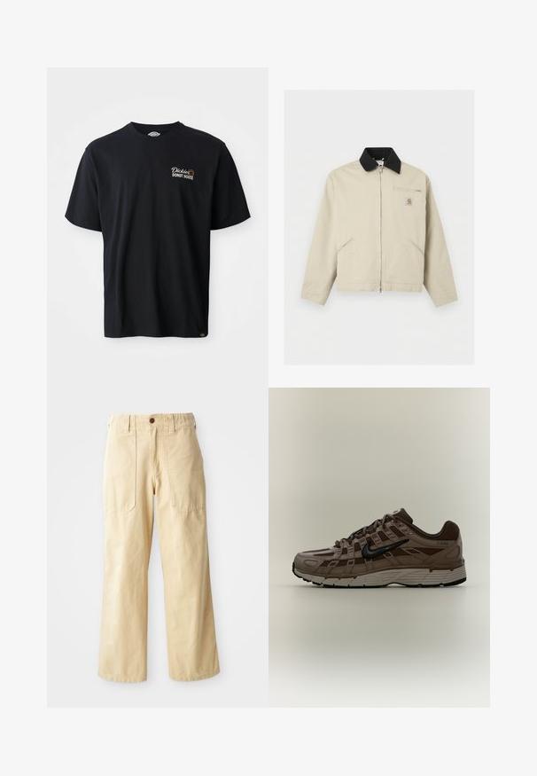 Beige Carhartt-jas met zwarte kraag, volledige ritssluiting aan de voorkant, twee zijzakken en een klein borstzakje met rits en logopatch.; Zwarte katoenen T-shirt met korte mouwen. Bevat een geborduurd logo "Dickies Donut House" op de linker borst. Klassiek crew neck ontwerp.; Beige wijde broek van katoen. Heeft een hoge taille, twee zijzakken met een vlak design en een enkele knoopsluiting.; Bruine en beige Nike P-6000 sneaker met zwarte swoosh, zijpanelen van mesh en witte gedempte zool op een neutrale achtergrond.