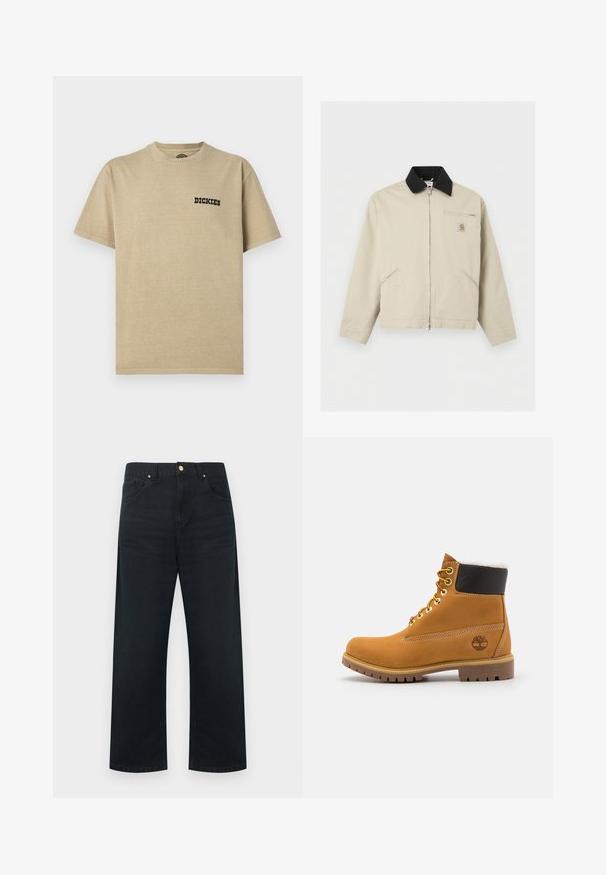 Μπεζ μπουφάν Carhartt με μαύρο γιακά, πλήρες φερμουάρ μπροστά, δύο πλαϊνές τσέπες και μια μικρή τσέπη στο στήθος με φερμουάρ και λογότυπο.; Μπεζ βαμβακερό t-shirt με στρογγυλή λαιμόκοψη και κοντά μανίκια. Διαθέτει μαύρο λογότυπο "DICKIES" στο αριστερό μέρος του στήθους. Λείο ύφασμα.; Μαύροι τζιν παντελόνες με φαρδύ πόδι, διαθέτουν σχεδιασμό με πέντε τσέπες, χρυσά μεταλλικά στοιχεία και καθαρό φινίρισμα στη μέση και στο τελείωμα.; Καφέ δερμάτινο μποτάκι αστραγάλου με μεταλλικές υποδοχές, λευκή γούνινη επένδυση, μαύρο μαλακό περιλαίμιο, ανθεκτική σόλα και ανάγλυφο λογότυπο στο πλάι.