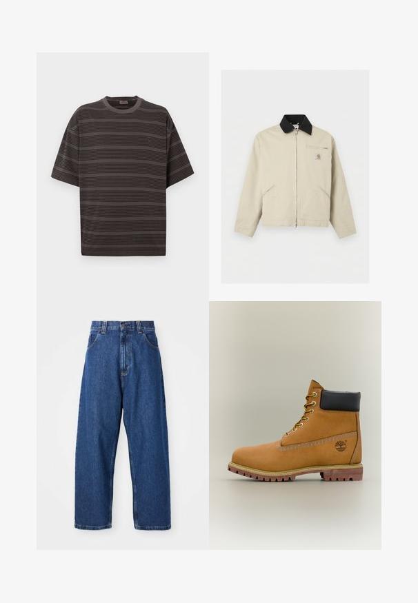Μπεζ μπουφάν Carhartt με μαύρο γιακά, πλήρες φερμουάρ μπροστά, δύο πλαϊνές τσέπες και μια μικρή τσέπη στο στήθος με φερμουάρ και λογότυπο.; Γκρι κοντομάνικο μπλουζάκι με οριζόντιες ρίγες, στρογγυλή λαιμόκοψη και άνετη εφαρμογή. Απαλή υφή με μια διακριτική λογότυπο της μάρκας στο στήθος.; Τζιν παντελόνι σε στυλ wide-leg σε σκούρο μπλε χρώμα. Διαθέτει ψηλή μέση, θηλιές ζώνης και κλασικό σχέδιο με πέντε τσέπες. Ραμμένο στρίφωμα με καθαρή φινίρισμα.; Καφέ δερμάτινο μποτάκι αστραγάλου με μαύρο γιακά, κίτρινα κορδόνια και ταμπά σόλα. Διαθέτει λογότυπο και λευκή ραφή για λεπτομέρεια. Ανθεκτική εξωτερική σόλα με τραχύ πέλμα.