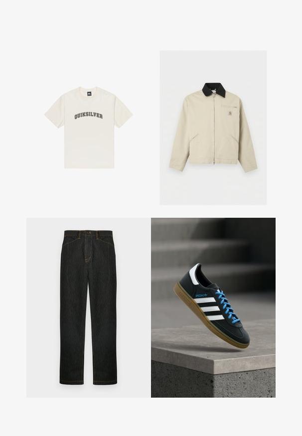 Béžová bunda Carhartt s čiernym golierom, celým predným zipsom, dvoma bočnými vreckami a malým zipsovým náprsným vreckom s logovou nášivkou.; Krémové bavlnené tričko s krátkymi rukávmi a okrúhlym výstrihom. Na hrudi sa nachádza čierny nápis "QUIKSILVER".; Čierne pruhované nohavice z denimu s oranžovým prešitim a rovnými nohavicami. Sú vybavené predným zapínaním na gombík a pútkami na opasok.; Čierna teniska Adidas s bielymi pruhmi, modrými šnúrkami a gumovou podrážkou, ktorá sa vznáša nad sivým betónovým schodom v mäkkom svetle.