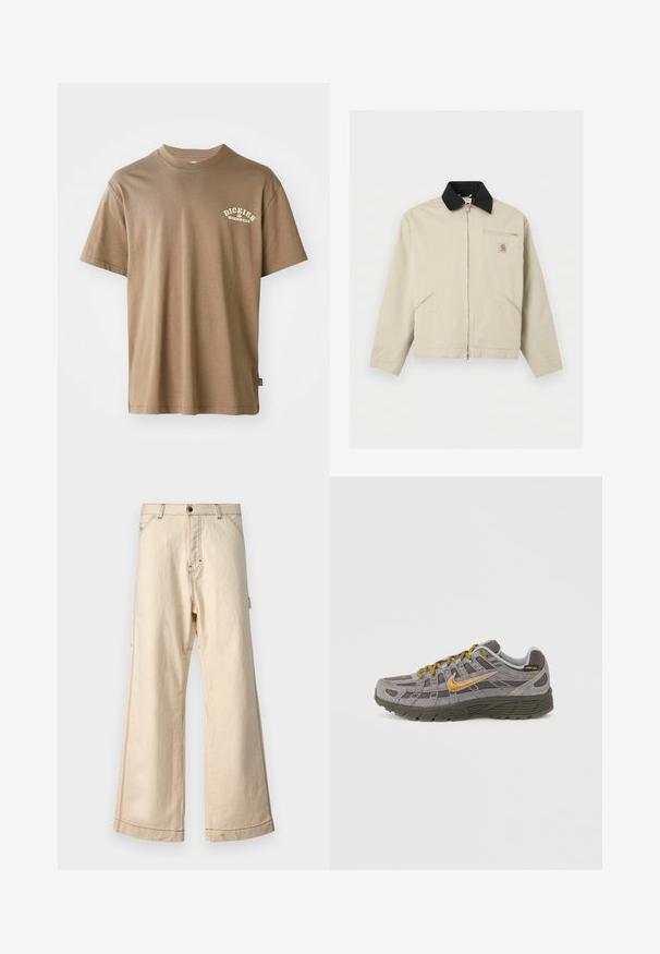 Béžová bunda Carhartt s čiernym golierom, celým predným zipsom, dvoma bočnými vreckami a malým zipsovým náprsným vreckom s logovou nášivkou.; Hnedé bavlnené tričko s okrúhlym výstrihom, krátkymi rukávmi a bielym logom s nápisom "Dickies Workwear" na oblasti ľavej hrude.; Bežové široké nohavice vyrobené z bavlny s uzatváraním na zips a gombík, s kontrastným šitím a bočnými vreckami.; Šedá semišová teniska so zlatými akcentmi, textúrovanými panelmi a zladenými šnúrkami. Má polstrovanú podrážku a detail loga na boku.