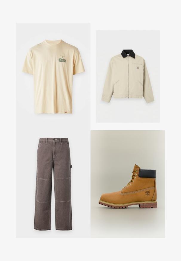 Béžová bunda Carhartt s čiernym golierom, celým predným zipsom, dvoma bočnými vreckami a malým zipsovým náprsným vreckom s logovou nášivkou.; Krémové bavlnené tričko s okružným výstrihom, krátkymi rukávmi a grafickou potlačou na ľavej hrudi zobrazujúcou vintage televíziu.; Široké nohavice v vyblednutej hnedej farbe, vyrobené z odolnej tkaniny s kontrastným prešívaním. Obsahujú panelové detaily a bočnú kapsu.; Hnedá kožená členková členková obuv s čiernym golierom, žltými šnúrkami a béžovou podrážkou. Má logo a biele prešívanie. Hrubá podrážka s dobrým záberom.