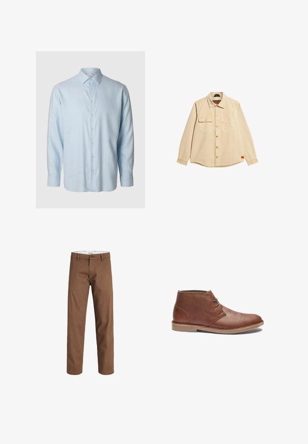 Beige button-up shirt van katoen, met twee borstzakken, gouden knopen en een ronde zoom. Label lees "Superdry" binnen de kraag.; Lichtblauwe lange mouwen shirt van zachte stof, met een klassieke kraag en een knoopsluiting aan de voorkant met zes bijpassende knopen.; Bruine broek met rechte pijpen, knoop- en ritssluiting, riemlussen en voorzakken, afgebeeld tegen een witte achtergrond.; Bruine leren enkellaarzen met een strakke vormgeving, voorzien van een eenvoudige vetersluiting, een ronde neus en een rubberen zool. Soepele textuur met gestikte accenten.