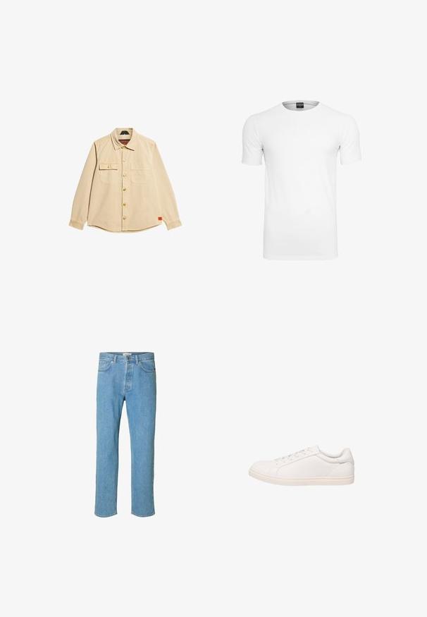 Camisa beige de botones hecha de algodón, con dos bolsillos en el pecho, botones dorados y un dobladillo redondeado. La etiqueta dice "Superdry" dentro del cuello.; Camiseta blanca de manga corta y cuello redondo sobre un fondo blanco, mostrando la vista frontal con la etiqueta de la marca visible dentro del cuello.; Jeans de mezclilla azul claro con un diseño de pierna recta. Las características incluyen una bragueta con botón, cinco bolsillos y detalles cosidos a lo largo de las costuras.; Zapatilla blanca de corte bajo con cierre de cordones y suela plana, mostrada en perfil lateral sobre un fondo blanco.