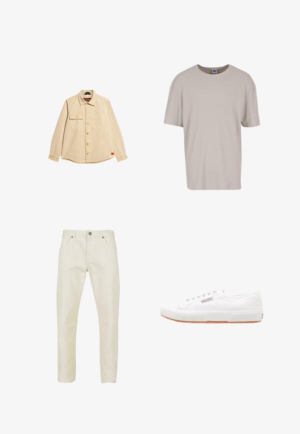 Beige button-up shirt van katoen, met twee borstzakken, gouden knopen en een ronde zoom. Label lees "Superdry" binnen de kraag.; Lichtbeige t-shirt met korte mouwen, gemaakt van gestructureerde stof, met een ronde halslijn en een losse pasvorm. Geen zichtbare patronen of hardware.; Beige katoenen broeken met een gladde structuur, rechte pasvorm, vijf zakken ontwerp en een metalen knoopsluiting bij de taille.; Witte canvas sneakers met een rubberen zool, vetersluiting en een klein logolabel aan de zijkant. Gewreven wit bovenwerk en een bruine zool.