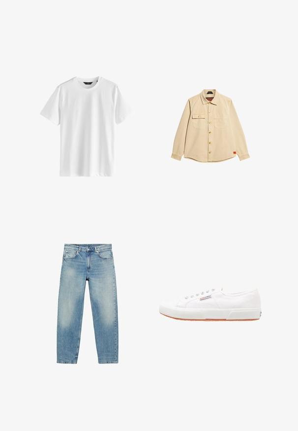 Chemise beige à boutons en coton, dotée de deux poches poitrine, de boutons dorés et d'un ourlet arrondi. L'étiquette indique "Superdry" à l'intérieur du col.; T-shirt blanc uni à manches courtes et col rond, en tissu lisse avec une étiquette noire au col.; Jean droit en denim bleu avec poches avant et passants de ceinture, présentant des détails légèrement décolorés sur les cuisses et les genoux.; Baskets en toile blanches avec une semelle en caoutchouc, design à lacets et une petite étiquette logo sur le côté. Tige blanche texturée et semelle extérieure marron.