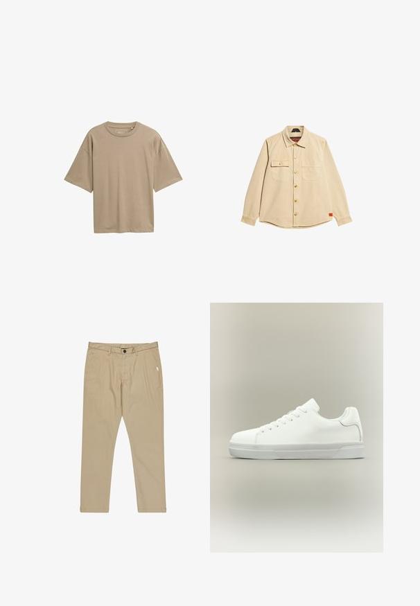 Beige button-up shirt van katoen, met twee borstzakken, gouden knopen en een ronde zoom. Label lees "Superdry" binnen de kraag.; Beige T-shirt met korte mouwen, een relaxte pasvorm, ronde halslijn en een gladde textuur. Geen zichtbare patronen of hardwaredetails.; Beige katoenen broek met een vlakke voorkant, zijzakken en een knoopsluiting. Kenmerkt zich door stiksels en een rechte pasvorm.; Witte lage sneaker met veters aan de voorkant, gevoerde kraag en gerubberde zool met textuur, zijaanzicht op een neutrale achtergrond.