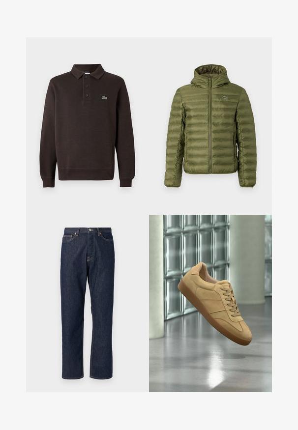 Veste rembourrée vert olive avec zip à l'avant, capuche et texture matelassée horizontale. Présente un petit logo sur la poitrine gauche et des poignets élastiques.; Polo à manches longues marron en tissu texturé, doté d'une patte de boutonnage à trois boutons et d'un petit logo Lacoste sur la poitrine.; Jean en denim bleu foncé avec une coupe droite. Comprend une fermeture à bouton et à fermeture éclair, cinq poches et des détails de surpiqure contrastants.; Baskets beiges en daim avec semelle en gomme, design à lacets, flottant à l'intérieur sur un sol en béton poli près d'un mur en blocs de verre.