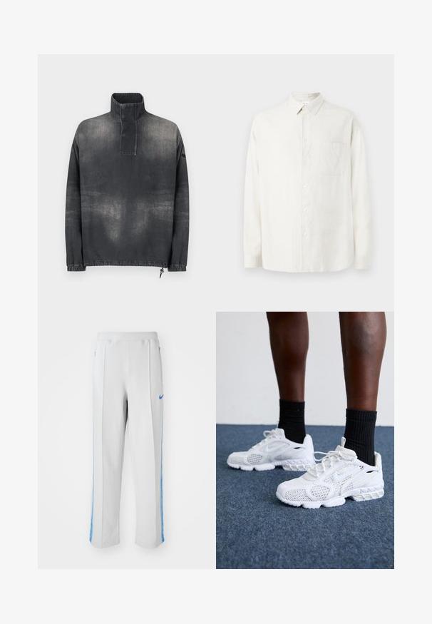 Tumedast hallist denimist pullover jakk, millel on kõrge krae, nööbitav lips, elastsed mansetid ja veidi pleekinud tekstuur.; Valge pika varrukaga nööpidegshirt, millel on krae, üks rinna-tasku ja peene tekstuuriga muster kangal.; Heledad hallhallikupüksid helesiniste külgriidega, millel on lõdva istuvus, elastne vöökoht ja lukuga taskud. Esiküljel Nike'i logo.; Valged spordijalatsid, millel on võrkmaterjalist pealne, tekstuuriga detailid ja pehme tallaga. Koos mustade ribadena sokkidega sinisel vaipkattega pinnal.