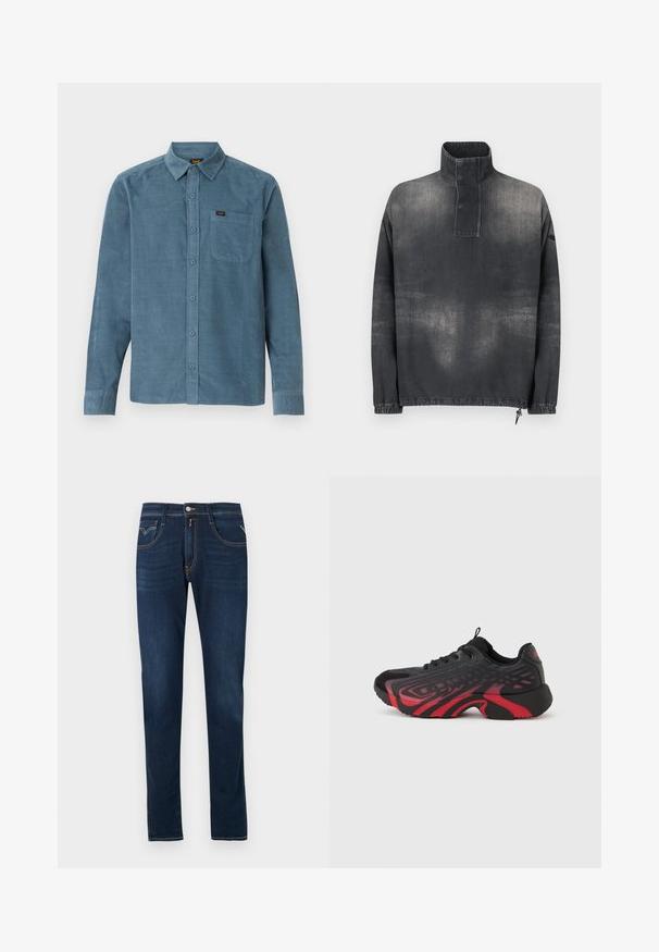 Tumedast hallist denimist pullover jakk, millel on kõrge krae, nööbitav lips, elastsed mansetid ja veidi pleekinud tekstuur.; Pikaääreline sinisest korduroost särg, millel on nööpidega krae, esi-tasku ning diskreetne bränding taskul.; Tumesinised teksapüksid sirge säärega, millel on kontrastõmblused, eesmine nööbiga kinnis ja viiepockeline disain.; Must ja punane sportjalanõu, millel on tekstureeritud pealne mustriga detailidega, paelaga kinnituv ja paks kummist tald.
