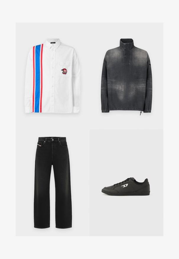 Pullover jakke i mørkegrå denim, med høj krave, knaplukning, elastiske ærmer og en let falmet tekstur.; Hvid skjorte med knapper, der har et blåt og rødt stribedesign på den ene side og et sort broderet hjelm-patch på brystlommen.; Sorte vidde jeans lavet af denim, med høj talje, forlommer og en subtil falmet tekstur, samt en klassisk knaplukning.; Sorte syntetiske sneakers med en struktureret sort sål, rund tå og flade sorte snørebånd. Fremtrædende hvidt logo på ydersiden.