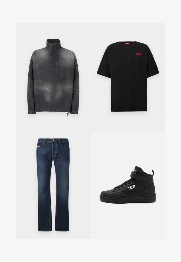Pullover jakke i mørkegrå denim, med høj krave, knaplukning, elastiske ærmer og en let falmet tekstur.; Sort T-shirt lavet af bomuld, med korte ærmer, rund halsudskæring og en rød "DIESEL"-logo på venstre brystområde.; Mørkeblå denim jeans med lige ben, fem lommer og diskrete syningsdetaljer. Har metalknap og lynlås. ; Sorte high-top sneakers i tekstureret læder med perforerede accenter, justerbar rem og hvidt logo på siden. Gummisål og polstret krave.
