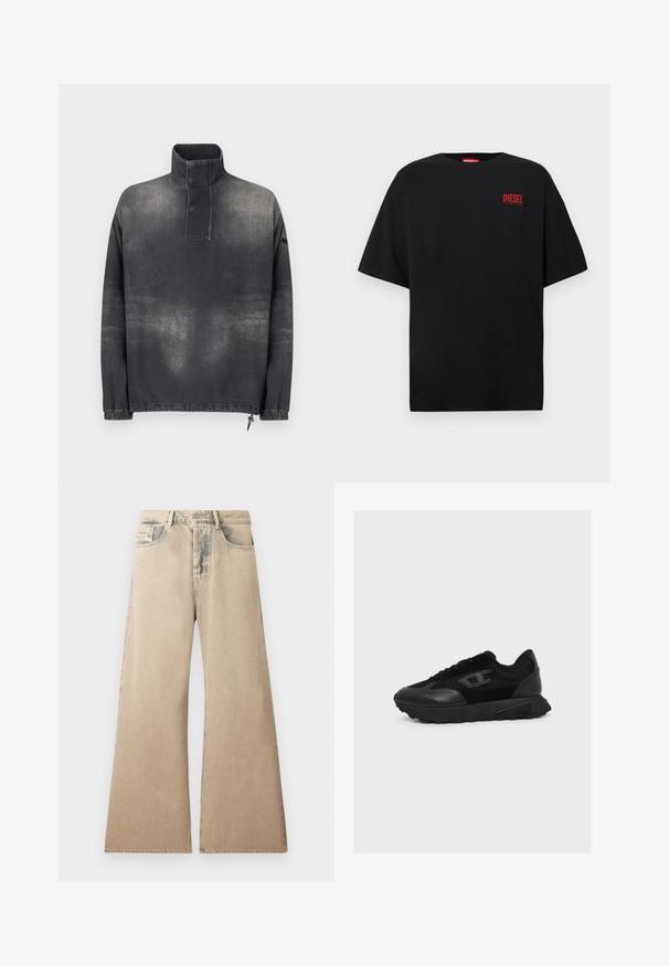 Tumedast hallist denimist pullover jakk, millel on kõrge krae, nööbitav lips, elastsed mansetid ja veidi pleekinud tekstuur.; Must puuvillane t-särk, millel on lühikesed varrukad, ümmargune kaelus ja punane "DIESEL" logo vasakul rinnal.; Bežid suured jalad teksad, millel on pleekinud tekstuur, viie tasku disain ja õmblustega detailid õmblustes. Vöökoht on traditsioonilise nööbiga. ; Mustad madala säärega toss mixed kangast ja nahast pealiskihiga, paeltega sulgemine ja tekstureeritud tallaga, näidatud parema külje profiilis valgel taustal.