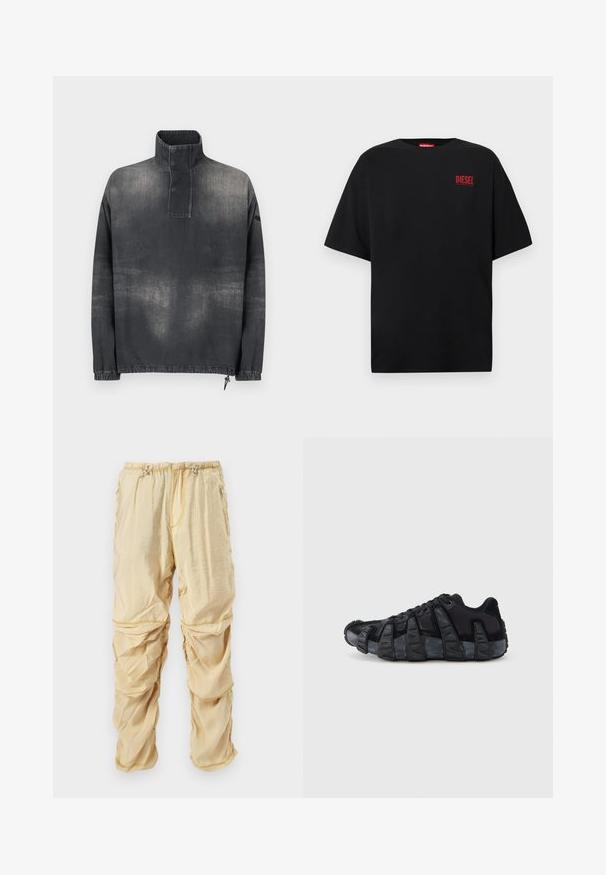 Veste pull en denim gris foncé, avec un col montant, une patte de boutonnage, des poignets élastiqués et une texture légèrement délavée.; T-shirt noir en coton, avec des manches courtes, un col rond, et un logo rouge "DIESEL" sur le côté gauche de la poitrine.; Pantalons cargo en nylon beige clair avec cordons de serrage réglables à la taille et poches zippées, conçus avec des détails en tissu froncé et superposé.; Baskets noires avec semelle renforcée à nervures exagérées, design à lacets, dessus en textile mélangé et daim, vues de profil sur fond blanc.