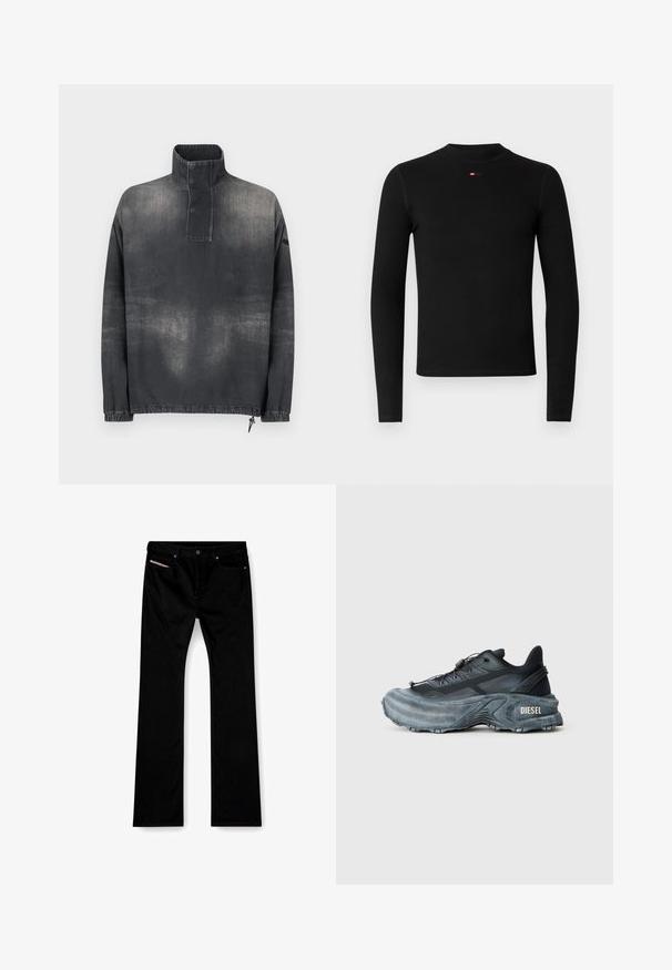 Pulloverjack in donkergrijze denim, met een hoge kraag, knoopsluiting, elastische manchetten en een licht vervaagde textuur.; Zwarte lange-mouwen shirt met een ronde hals, een geribbelde textuur en een klein rood logo op de borst. Eenvoudig en strak ontwerp.; Zwarte straight-leg jeans met een knoop en ritssluiting aan de voorkant, voor- en achterzakken, en een wit label zichtbaar in de rechter voorzak.; Zwarte en grijze Diesel sneakers met dikke zool, vetersluiting en gestructureerd ontwerp op een effen lichtgrijze achtergrond.