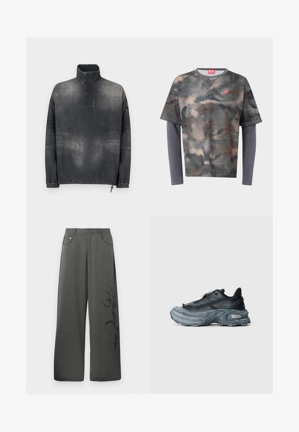 Tumedast hallist denimist pullover jakk, millel on kõrge krae, nööbitav lips, elastsed mansetid ja veidi pleekinud tekstuur.; Kahemõõtmelise kamuflaažimustriga lühikeste varrukatega särgike, mille all on ühevärvilise halli pikkade varrukatega särk, mille rinnal ja krael on punase Diesel'i logo.; Laialõhikuga, tumesinistes triibulistes pükstes on ees taskud ja must dekoratiivprint vasakul küljel.; Mustade ja hallid Diesel ketsid paksu tallaga, nööriga lukuga ja tekstuurse mustriga, tavalise heleda halli tausta ees.