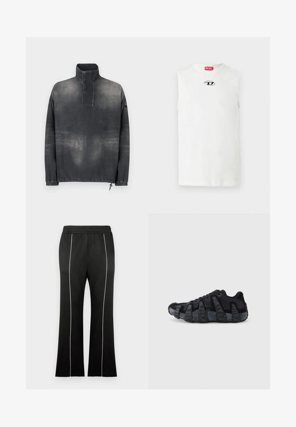 Veste pull en denim gris foncé, avec un col montant, une patte de boutonnage, des poignets élastiqués et une texture légèrement délavée.; T-shirt blanc sans manches en coton, avec un col rond et un logo brodé en noir et bleu sur la poitrine.; Pantalon de sport noir avec une taille cintrée, doté de bandes blanches sur les côtés et d'une coupe évasée aux jambes. Fabriqué en tissu doux et extensible.; Baskets noires avec semelle renforcée à nervures exagérées, design à lacets, dessus en textile mélangé et daim, vues de profil sur fond blanc.