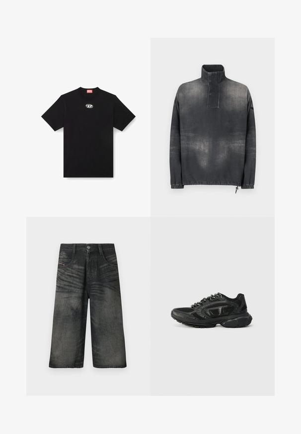 Pulloverjack in donkergrijze denim, met een hoge kraag, knoopsluiting, elastische manchetten en een licht vervaagde textuur.; Zwarte katoenen t-shirt met een ronde halslijn en korte mouwen. Heeft een klein, zilver logo geborduurd in het midden van de voorkant.; Zwarte wijd uitlopende denim shorts met knopen aan de voorkant, ritssluiting, riemlussen en vervaagde textuurdetails.; Zwarte sportieve sneakers met een bovenwerk van mesh, textuuraccenten en een gepolsterde kraag. Vetersluiting met een dikke rubberen zool voor ondersteuning.