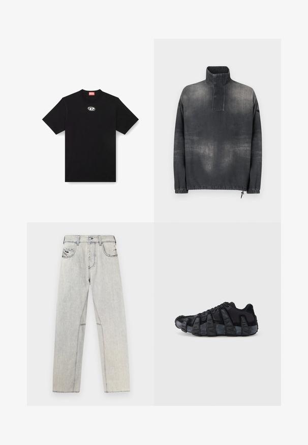 Pullover-Jacke aus dunkelgrauem Denim, mit hohem Kragen, durchgehender Knopfleiste, elastischen Bündchen und leicht verblasster Textur.; Schwarzes Baumwoll-T-Shirt mit Rundhalsausschnitt und kurzen Ärmeln. Enthält ein kleines, silbernes Logo, das in der Mitte vorne gestickt ist.; Hellblaue Jeans aus Denim mit geradem Schnitt, kontrastierenden Nähten, zwei Vordertaschen und abgenutzten Details im Stoff.; Schwarzer Sneaker mit übertriebener gerippter Sohle, Schnürdesign und Obermaterial aus gemischtem Textil und Wildleder, von der Außenseite vor weißem Hintergrund gezeigt.
