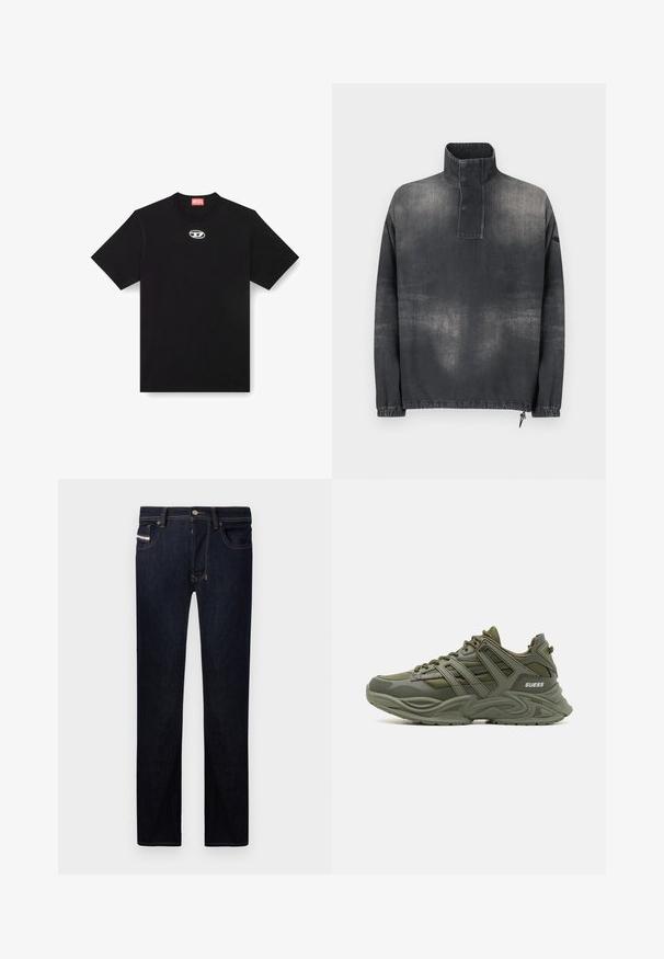 Pullover-Jacke aus dunkelgrauem Denim, mit hohem Kragen, durchgehender Knopfleiste, elastischen Bündchen und leicht verblasster Textur.; Schwarzes Baumwoll-T-Shirt mit Rundhalsausschnitt und kurzen Ärmeln. Enthält ein kleines, silbernes Logo, das in der Mitte vorne gestickt ist.; Dunkelblaue Jeans aus Denim mit gerader Passform, die fünf Taschen, kontrastierende Nähte und einen Metallknopfverschluss aufweisen.; Guess BELLUNO - Sneaker low - green