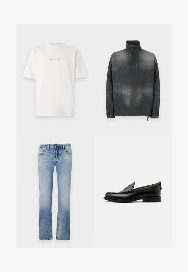 Pullover jakke i mørkegrå denim, med høj krave, knaplukning, elastiske ærmer og en let falmet tekstur.; Hvid bomulds t-shirt med rund hals og korte ærmer, prydet med et lille gråt "HOLLISTER" logo centreret på brystet.; Lyseblå denim jeans med lige ben-design, der har frontlommer, lynlås og subtile falmninger i stoffet.; Sort læder herre loafer med moc-tå syning, penny strop, struktureret krave og lav stablet hæl på hvid baggrund.