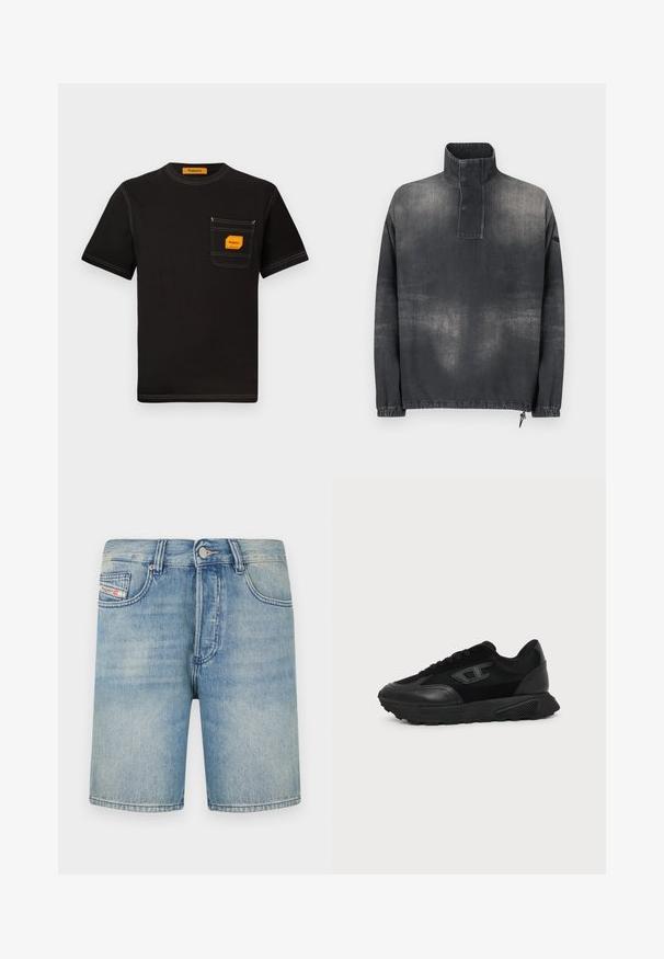 Tumedast hallist denimist pullover jakk, millel on kõrge krae, nööbitav lips, elastsed mansetid ja veidi pleekinud tekstuur.; Mustade puuvillane T-särk, millel on ümar kaelus, lühikesed varrukad ja esiosa tasku, kus on oranž silt ja kontrastsed õmblusdetailid.; Hele sinised teksapüksid sirge lõikega, viie taskuga ja nööpidega kinnitatavad. Nähtavad õmblused ja kerge hõõrdumisjälg üle kogu pinna.; Must madal jalanõu tekstuurse tallaga, võrgust ja nahast pealmise osaga, ees nöörimine ning külgpaneelil väike reljeefne logo.