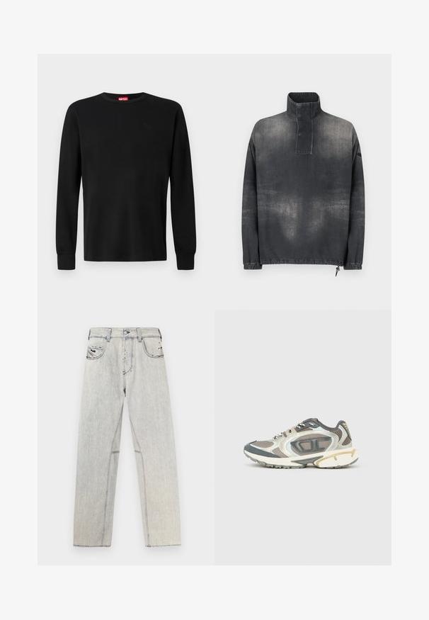 Pullover jakke i mørkegrå denim, med høj krave, knaplukning, elastiske ærmer og en let falmet tekstur.; Sort langærmet t-shirt lavet af blødt stof, med rund halsudskæring og et diskret logo i sort på brystet. Enkel design, almindelig pasform.; Lyseblå denimjeans med lige snit, der har kontrastsyninger, to forlommer og slidte detaljer på stoffet.; Sportssko i grå, hvide og beige materialer med en mesh-overdel, tyk sål og teksturerede accenter. Reflekterende detaljer på siderne.