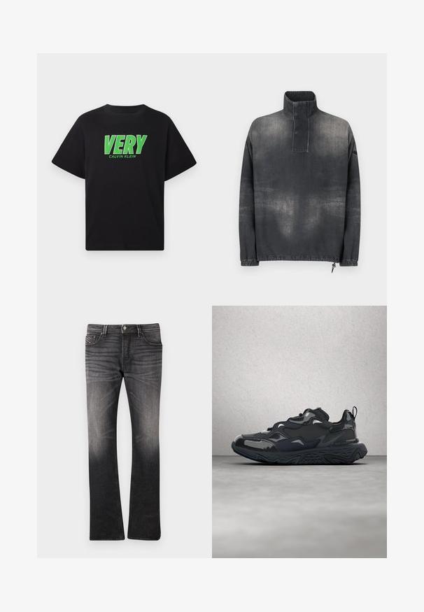 Pullover jakke i mørkegrå denim, med høj krave, knaplukning, elastiske ærmer og en let falmet tekstur.; Sort kortærmet t-shirt med fed grøn "VERY" tekst og en mindre "CALVIN KLEIN" logo trykt nedenfor i midten foran.; Sorte denimjeans med et let falmet mønster. Tætsiddende design, lige ben, fem-lomme stil og knaplukning i taljen.; Sort løbesko med tekstureret overdel, glatte detaljer og en chunky sål med bølgemønster, designet for komfort og holdbarhed.