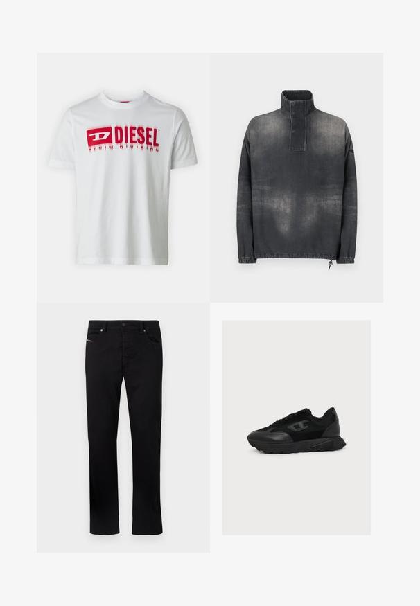 Pulover jakna od tamnog sivog denima, s visokim ovratnikom, dugmetom, elastičnim manžetama i blago izblijedjelom teksturom.; Bijela pamučna majica s odvažnim crvenim logotipom "DIESEL" i "DENIM DIVISION." Kratki rukavi i okrugli izrez.; Crne traperice s ravnim nogavicama, pet džepova i zatvaranjem na metalnu tipku. Sadrže suptilne šavove na prednjem džepu.; Crna niska tenisica s gornjim dijelom od kombinacije mrežaste i kožne tkanine, zatvaračem s vezicama i teksturiranim potplatom, prikazana u profilu desne strane na bijeloj pozadini.