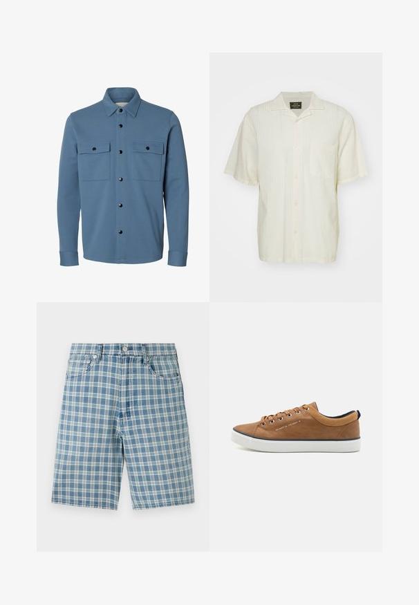 Veste-chemise bleu à manches longues avec boutons-pression noirs et deux poches à rabat sur la poitrine sur fond blanc.; Chemise à manches courtes, beige clair avec un motif texturé, fermeture à boutons sur le devant et poche poitrine unique. Le tissu semble léger et respirant.; Shorts à carreaux bleu clair en tissu mélangé de coton, avec un design à cinq poches, une fermeture à bouton et une coupe décontractée. La texture est lisse et douce.; Baskets en cuir marron avec un embout rond, semelle blanche et accents marine. Présente des œillets en métal et un col texturé.