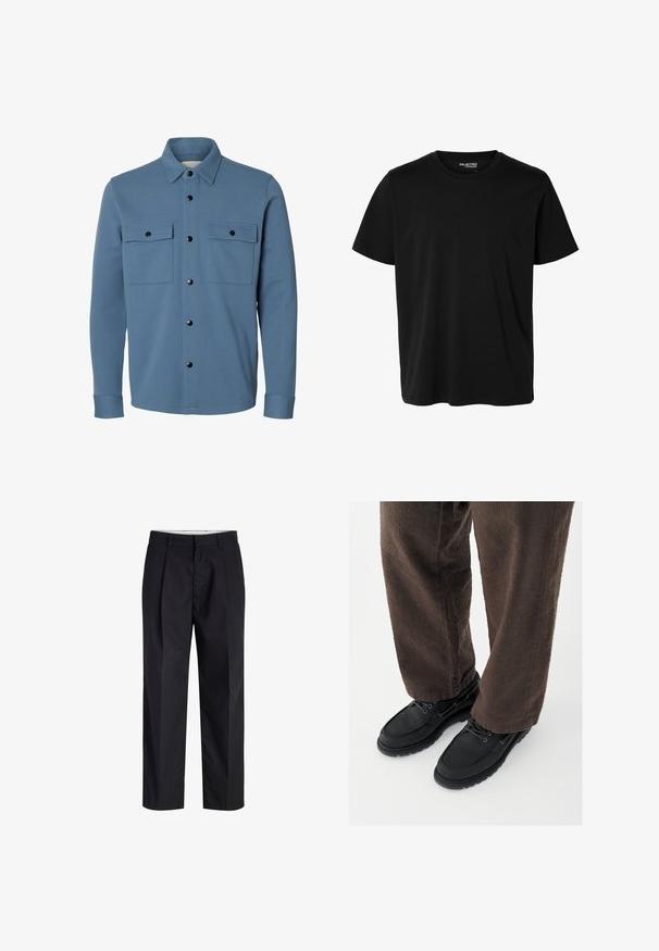 Chaqueta camisa azul de manga larga con botones de presión negros y dos bolsillos con solapa en el pecho sobre un fondo blanco.; Camiseta negra lisa de manga corta y cuello redondo con corte de hombre, sin patrones ni logotipos visibles en el delantero.; Pantalones negros de tiro recto con cinturilla, trabillas, cremallera frontal y bolsillos laterales mostrados sobre un fondo blanco.; Zapatos de cuero negro con un acabado liso, punta redondeada y diseño con cordones, combinados con pantalones marrones texturizados. Vista desde abajo.