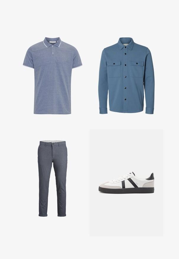 Blauw overhemdjack met lange mouwen, zwarte drukknopen en twee borstklepzakken tegen een witte achtergrond.; Lichtblauw polo shirt van textuurstof, met een gebuttonneerde kraag, contrasterende witte bies op de kraag en mouwen, en een klein logo.; Heren pantalon in een donkerblauw visgraatpatroon, met een knoopsluiting, slank ontwerp en opgerolde manchetten. Gemaakt van lichte stof.; Witte sneaker met zwarte en grijze accenten, voorzien van een grijze neus met textuur, zwarte rubberen zool en platte witte veters. Schoon ontwerp, minimalistische stijl.