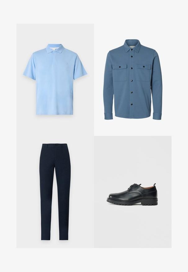 Chaqueta camisa azul de manga larga con botones de presión negros y dos bolsillos con solapa en el pecho sobre un fondo blanco.; Polo shirt azul claro de algodón, con un cuello clásico, mangas cortas y un sutil logo en el pecho. Textura suave.; Pantalones slim fit azul marino con cierre de botón y cremallera, trabillas para cinturón y corte de pierna recta sobre un fondo liso.; Zapatos derby de cuero negro con una textura suave, punta redondeada, diseño de cordones y una suela de goma gruesa y resistente.