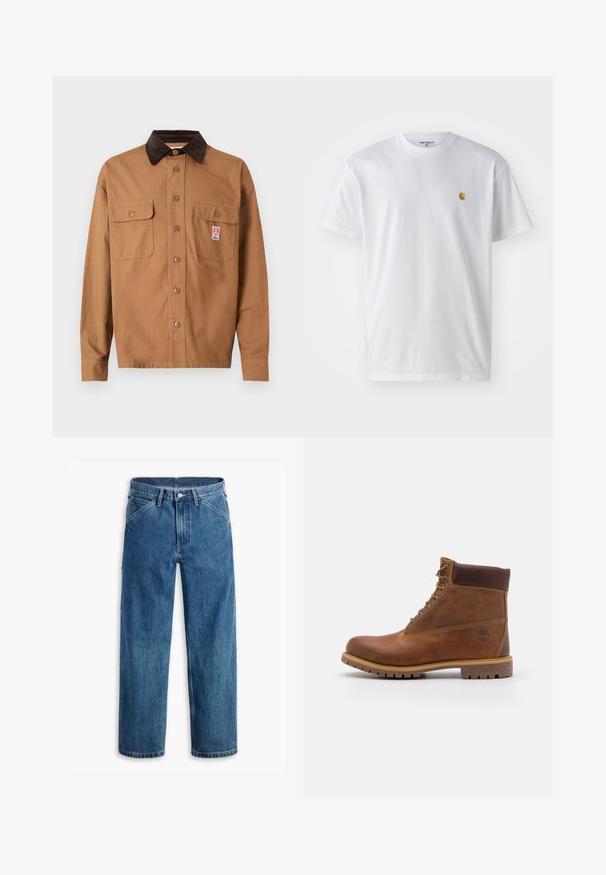 Brun skjortejakke med mørkebrun kordfløjlskrage, to forlommer med klap og et lille rektangulært logo patch på den højre lomme.; Hvid bomulds t-shirt med korte ærmer, rund hals og et lille guld logo på venstre brystområde. Blød tekstur og almindelig pasform.; Blå denim jeans med lige ben, forlommer, bæltestropper, metal knap og lynlås foran på hvid baggrund.; Brun læder vandrestøvle med en glat finish, polstret ankel, metalliske snørehuller og en gummisål med et robust dækmønster.