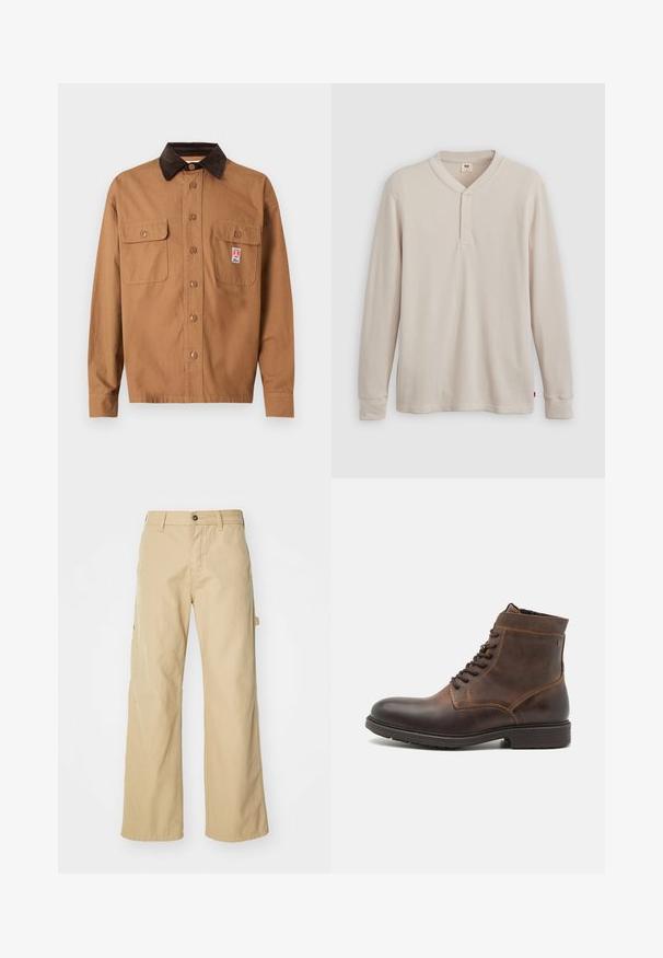 Chaqueta marrón de botones con cuello de pana marrón oscuro, dos bolsillos frontales con solapa y un pequeño parche rectangular con el logo en el bolsillo derecho.; Camisa tipo henley de manga larga en tejido acanalado color beige claro, con escote en V,tapeta de tres botones, y mangas con puños. Etiqueta de logo roja en el dobladillo.; Pantalones cargo de pierna ancha en color beige con cierre de botón, que cuentan con bolsillos laterales, fabricados en resistente tejido de algodón, con textura suave y diseño de corte recto.; Jack & Jones JFWDELANEY BOOT - Botines con cordones - cognac