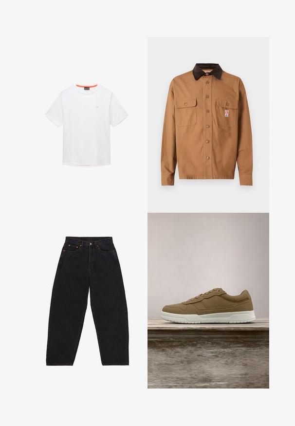Ruskea napillinen takki, jossa on tummanruskea corduroy-kaulus, kaksi etutaskua, joissa on läppä, ja pieni suorakulmainen logopatch oikeassa taskussa.; Yksinkertainen valkoinen lyhythihainen pyöreäkauluksinen t-paita, jossa pieni logo vasemmalla rinnassa ja oranssi sisäkauluksen reunus.; Mustat farkut, joissa on löysä leikkaus, oranssit tikkaukset, viisi taskua, nappikiinnitys ja normaali vyötärö.; Ruskeat lenkkarit valkoisella pohjalla leijuvat puupenkin yläpuolella, taustalla sumeat nurmikko ja korkeat kasvit.
