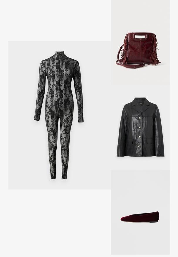 Schwarze Lederjacke mit Reverskragen, vier silbernen Knöpfen auf der Vorderseite und zwei aufgesetzten Taschen auf Taillenhöhe.; Schwarzer Spitzensbody mit langen Ärmeln, hohem Kragen und floralem Muster, das die gesamte Fläche bedeckt. Figurbetontes Design mit transparenter Textur.; Bordeauxrote Ballettschuhe aus Samt mit abgerundeter Spitze und niedrigem Absatz, mit glatter Textur und elegantem Design.; Quadratische burgunderrote Lederhandtasche mit ausgeschnittenem Griff, seitlichen Fransen und verstellbarem Schulterriemen auf einfarbigem Hintergrund.