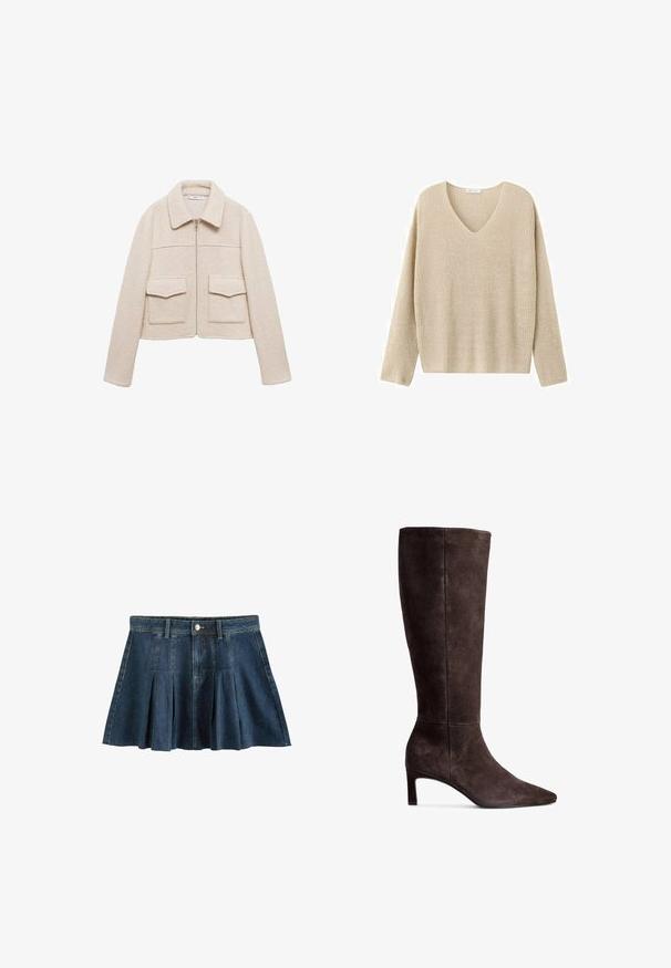 Crèmekleurige fleece jas met volledige ritssluiting aan de voorkant, twee klepzakken, lange mouwen en een brede kraag.; Beige gebreide trui met lange mouwen en een V-hals, afgebeeld tegen een witte achtergrond.; Next REGULAR FIT - Minirok - dark blue; Bruine suede kniehoge laars met een puntige neus en een hak van 7,5 cm. Glad textuur, slanke silhuet en minimalistisch ontwerp.