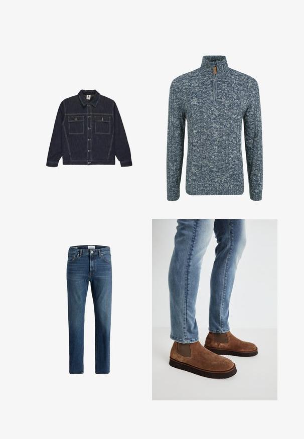 Donker spijkerjasje met een knoopsluiting aan de voorkant, spread collar, twee borstzakken en contrasterende stiksels. Lange mouwen met knoopmanchetten.; Gebreide pullover in donkerblauw en lichtgrijs, met een hoge kraag en half-ritsluiting, voorzien van een textuurpatroon door het hele materiaal.; Donkerblauwe denim jeans met een rechte pijpdesign, voorzien van vijf zakken, contrasterende stiksels en een gebrandmerkte tailleband.; Bruine suède enkellaarsjes met elastische zijpanelen, dikke zwarte rubberen zolen, gedragen met lichtblauwe slim-fit jeans.