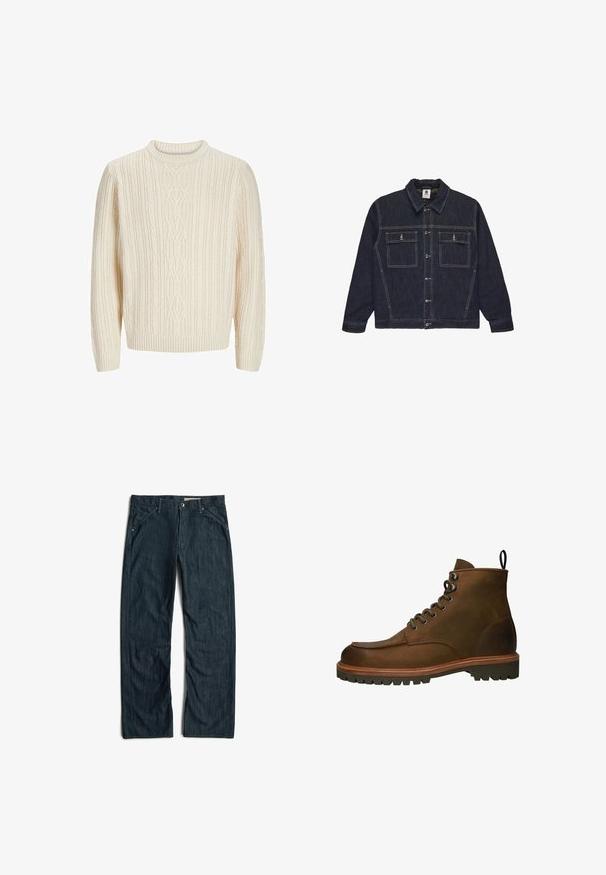 Veste en denim noir avec un devant boutonné, un col étalé, deux poches poitrine et des coutures contrastées. Manches longues avec des poignets boutonnés.; Pull en tricot couleur crème présentant un motif de côtes texturé, un col rond, et des poignets et un ourlet à côtes. Tissu doux et épais.; Jean en denim bleu foncé à jambes droites, avec poches avant, passants de ceinture et fermeture par bouton à la taille.; Bottines en cuir marron avec un bout arrondi, des œillets en métal et une semelle en caoutchouc robuste. Comprend une languette pour un enfilage facile.
