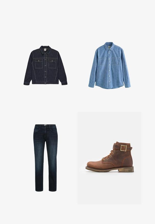 Mørk denimjakke med knaplukning foran, spredt krave, to brystlommer og kontrasterende syninger. Lange ærmer med knapper ved manchetterne.; Langærmet blå chambray-skjorte med knaplukning foran og to brystlommer, lagt fladt på en hvid baggrund.; Mørk vaskede denimjeans med lige ben, der har fem lommer, knaplukning og subtil fading langs lårene.; Harley Davidson VNTGMOTO SHORT RIDING APPROVED - Cowboy- / bikerstøvlette - brown