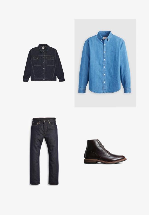 Donker spijkerjasje met een knoopsluiting aan de voorkant, spread collar, twee borstzakken en contrasterende stiksels. Lange mouwen met knoopmanchetten.; Lichtblauw denim overhemd met lange mouwen, button-down kraag en witte knopen. Heeft een klein geborduurd logo op de borst.; Donkerblauwe denim jeans met rechte snit, vijf zakken, metalen hardware en contrasterende oranje stiksels. Glad oppervlak, geen zichtbare patronen.; Donkerbruine leren enkellaars met ronde neus, vetersluiting aan de voorkant en een gestapeld hak op een witte achtergrond.